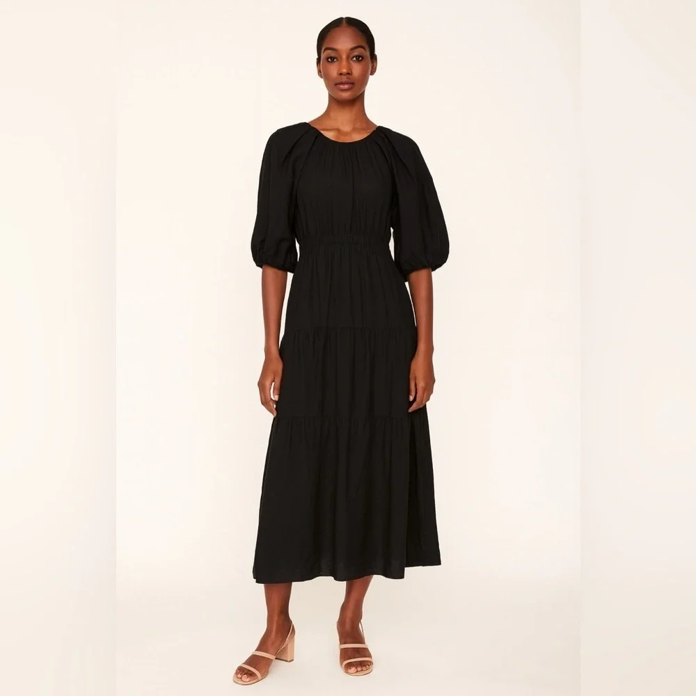 moon river shirred midi dress Moon River Puff Sleeve Shirred Cutout Tiered Midi Dress Medium Black Boho  Chic